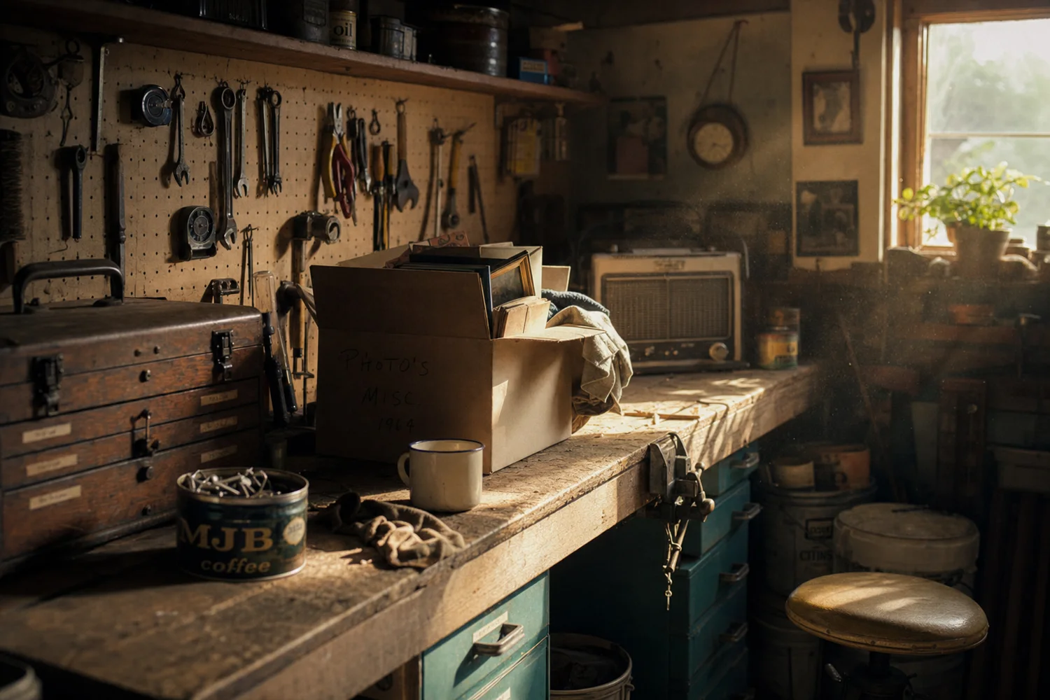 A cluttered garage workbench with hand tools on a pegboard, an old toolbox, a box marked photos, and dust in a shaft of afternoon light.