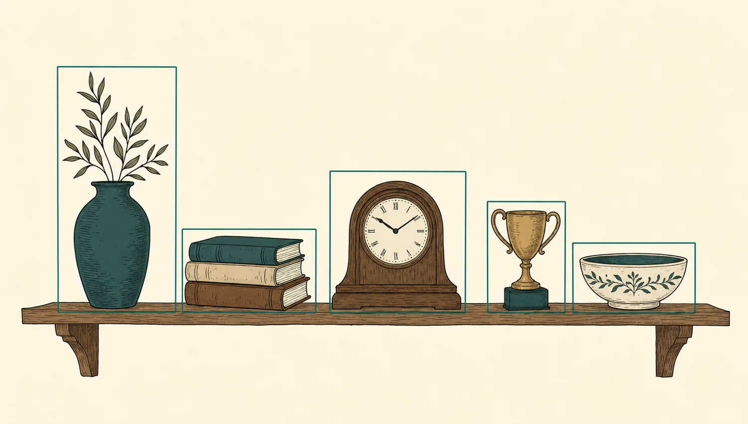 Illustration of a shelf of objects with a thin teal rectangle drawn around each one.
