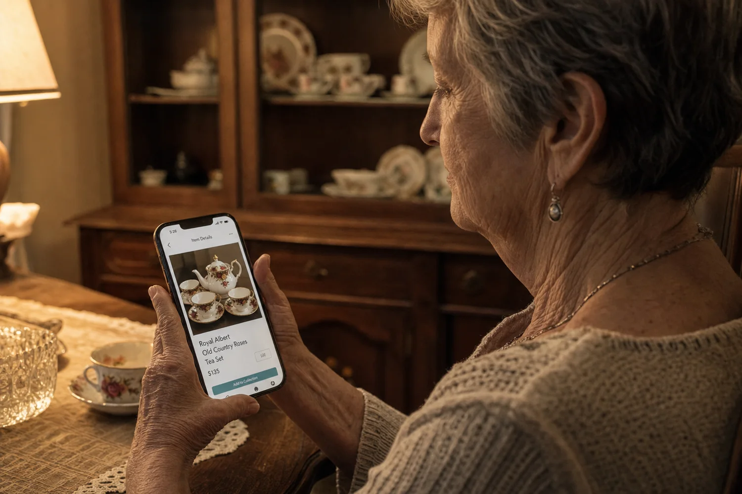 An older woman sits at her dining table in warm lamplight, holding a phone that shows a photograph of her china tea set, with the china cabinet behind her.