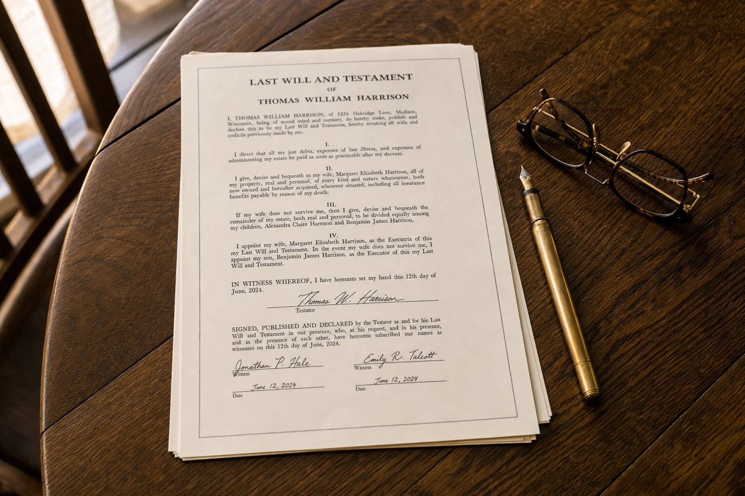 A printed legal document on a walnut table beside a brass fountain pen and reading glasses.