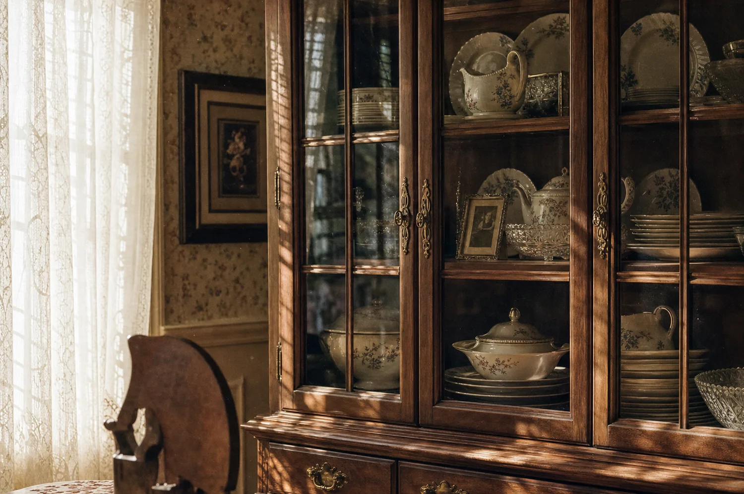 An heirloom china cabinet filled with patterned plates, a teapot and cut-glass bowls, lit by afternoon light through lace curtains.