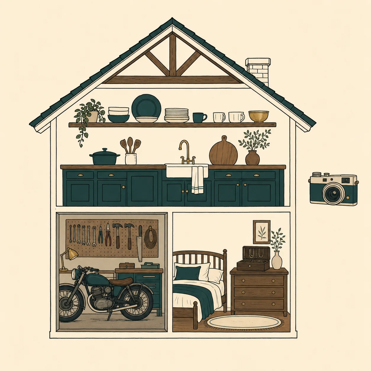 Illustration of a house cut away to show a kitchen shelf, a garage pegboard of tools, and a bedroom dresser.