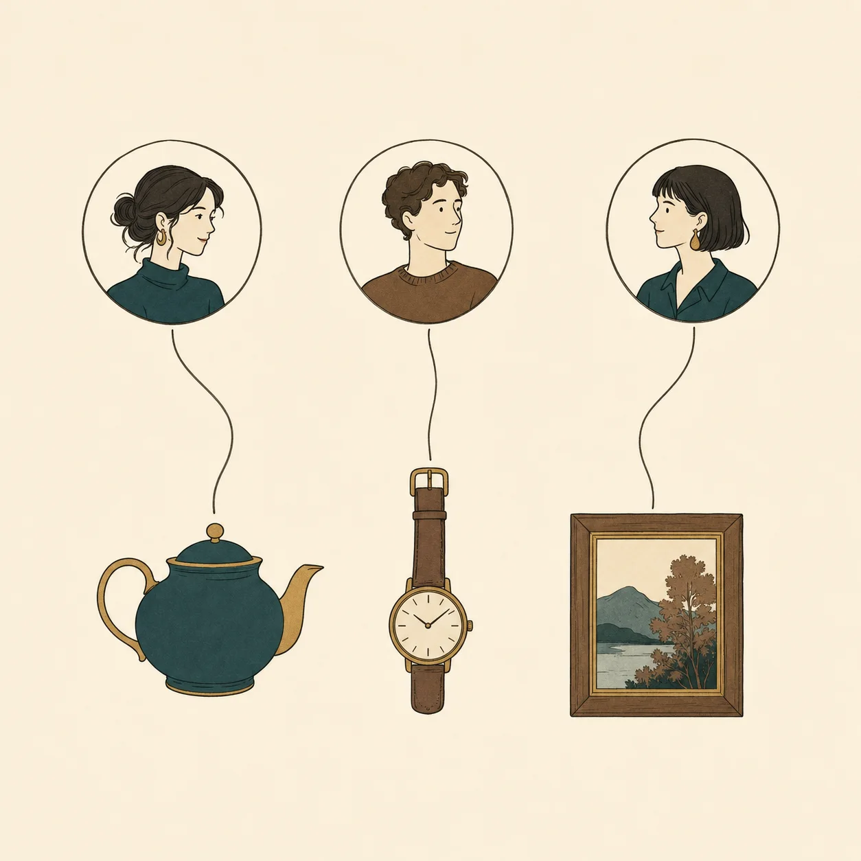Illustration of three portrait circles linked by lines to a teapot, a wristwatch and a framed picture.
