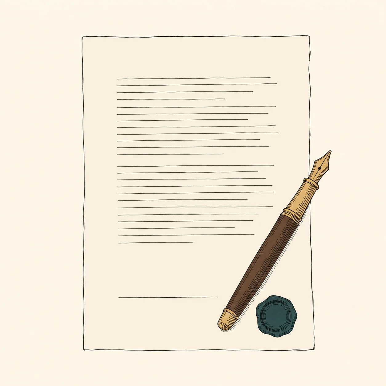 Illustration of a printed page with a signature line, a brass fountain pen and a wax seal.